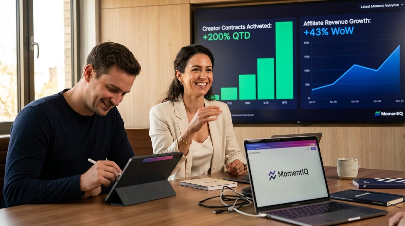 MomentIQ team in a war room, enthusiastically discussing TikTok Shop growth strategies.