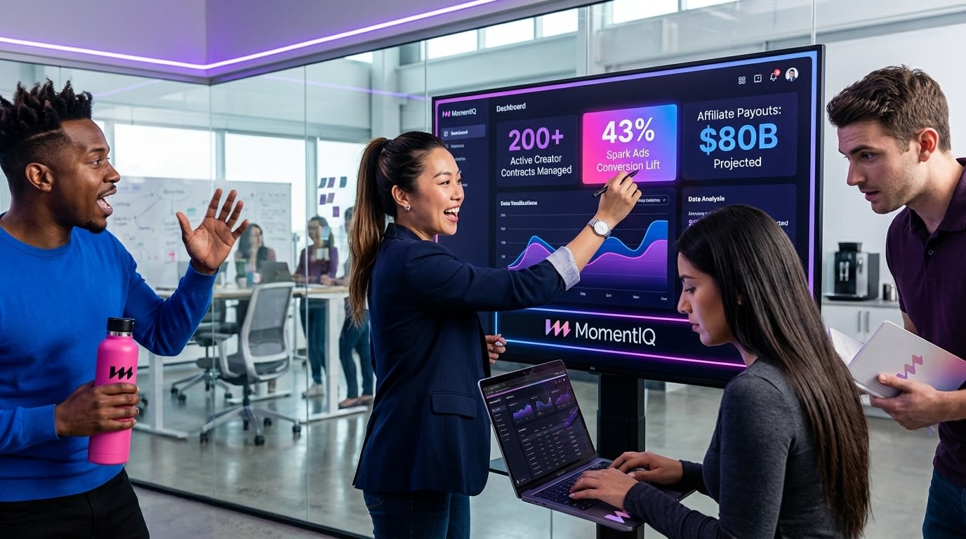 MomentIQ strategists confidently reviewing a TikTok Shop creator management dashboard.