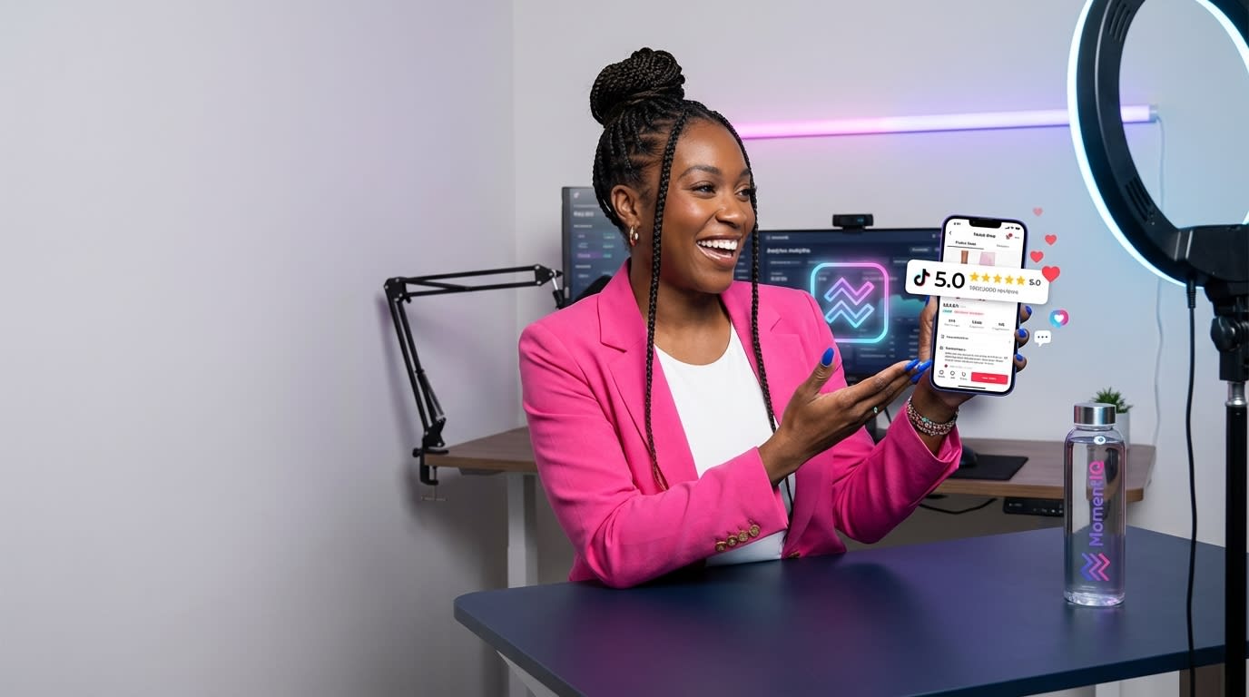 Smiling creator enthusiastically presenting a TikTok Shop product listing with 5-star reviews.