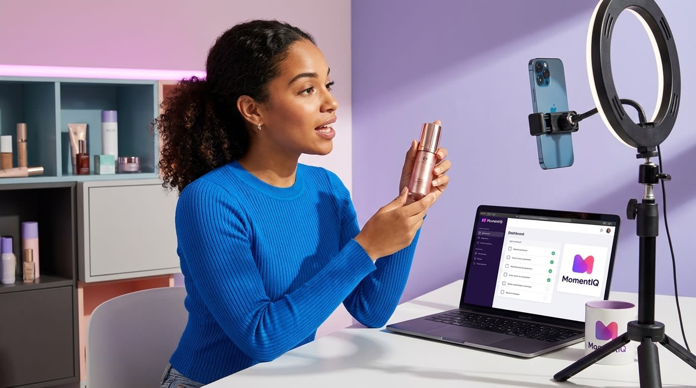 TikTok Shop creator confidently filming product demo in organized studio setup with content checklist