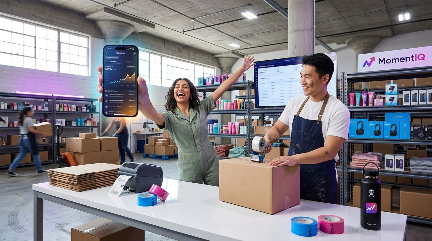 Entrepreneur celebrating TikTok Shop sales surge in organized fulfillment warehouse with branded shipping boxes