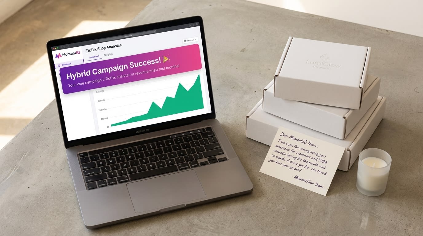 Laptop displaying successful TikTok Shop hybrid campaign results with climbing revenue and branded products.