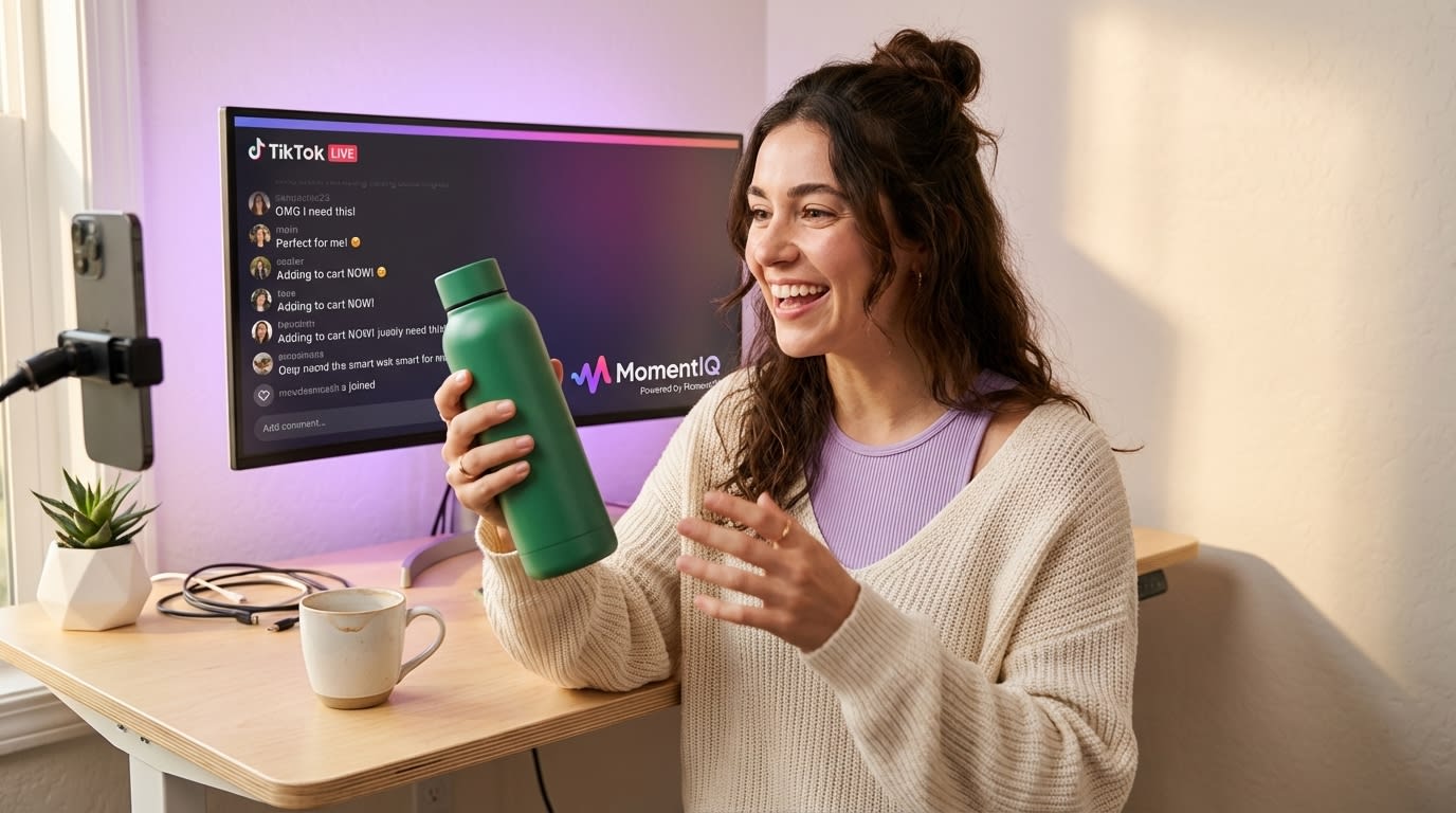 Confident TikTok Shop creator showcasing a product with strong audience resonance during a live review