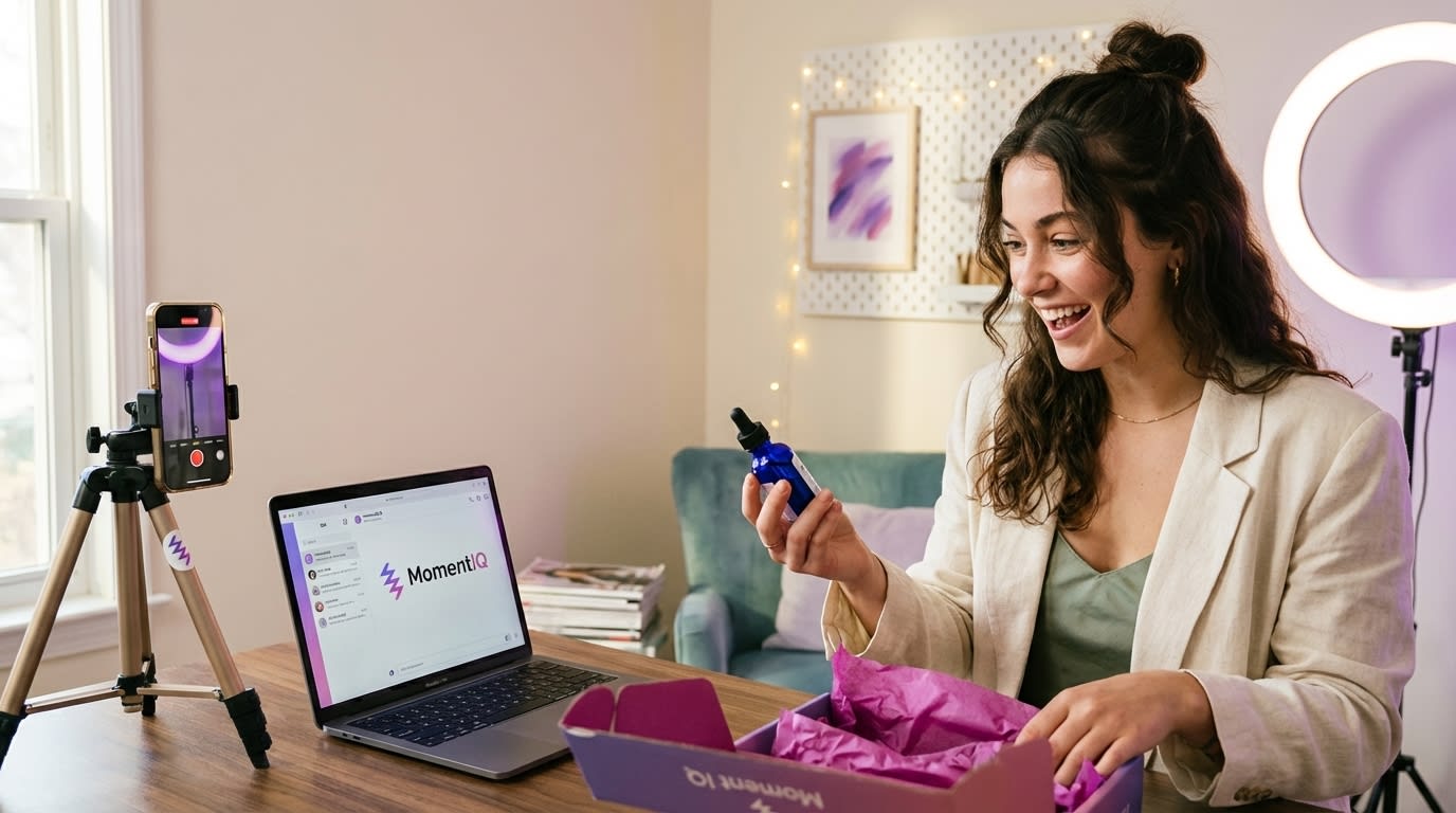 TikTok Shop creator outreach dashboard showing 34 pe
![Excited TikTok creator unboxing a branded product seeding package while filming content with ring light and tripod setup