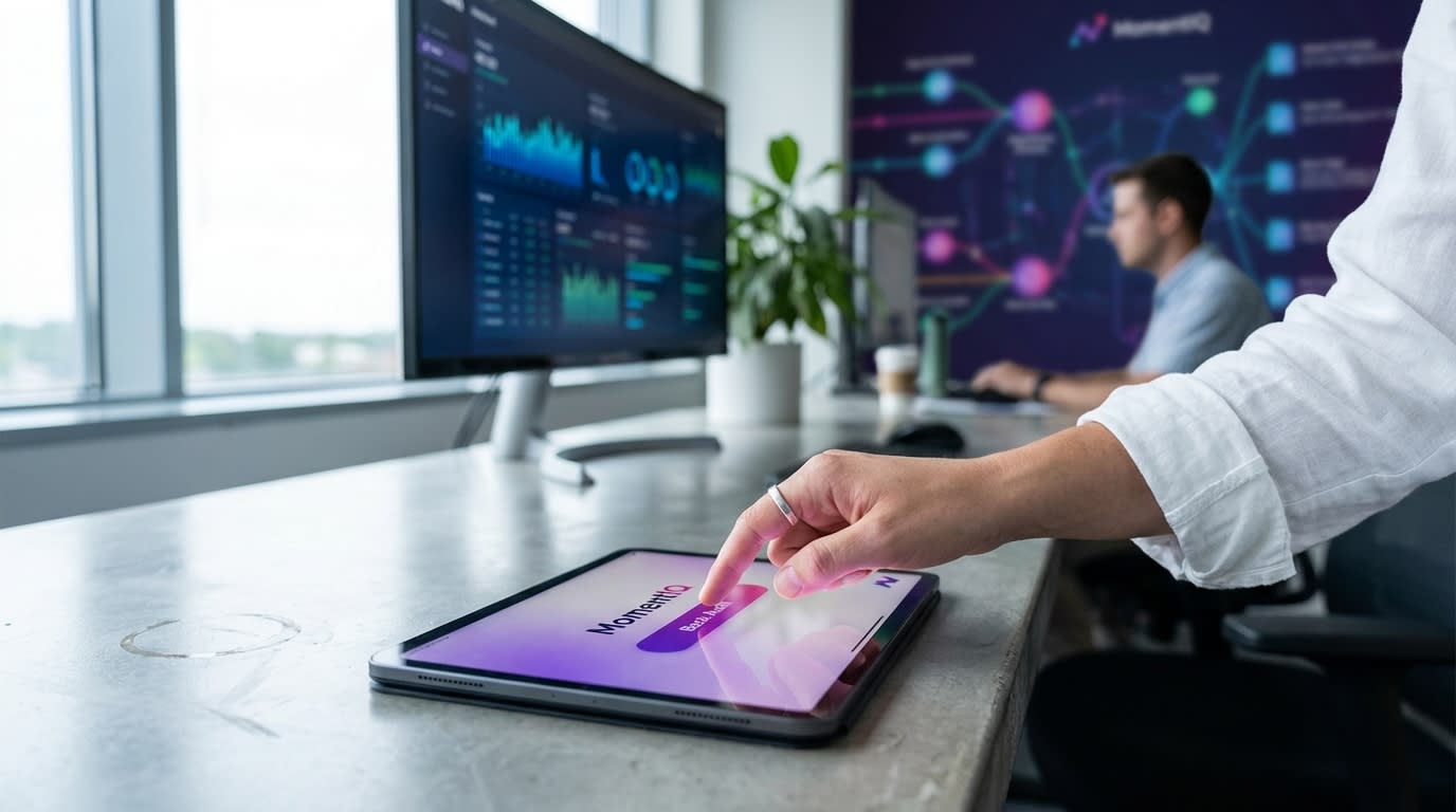 Hand booking a TikTok Shop growth audit with MomentIQ on a tablet