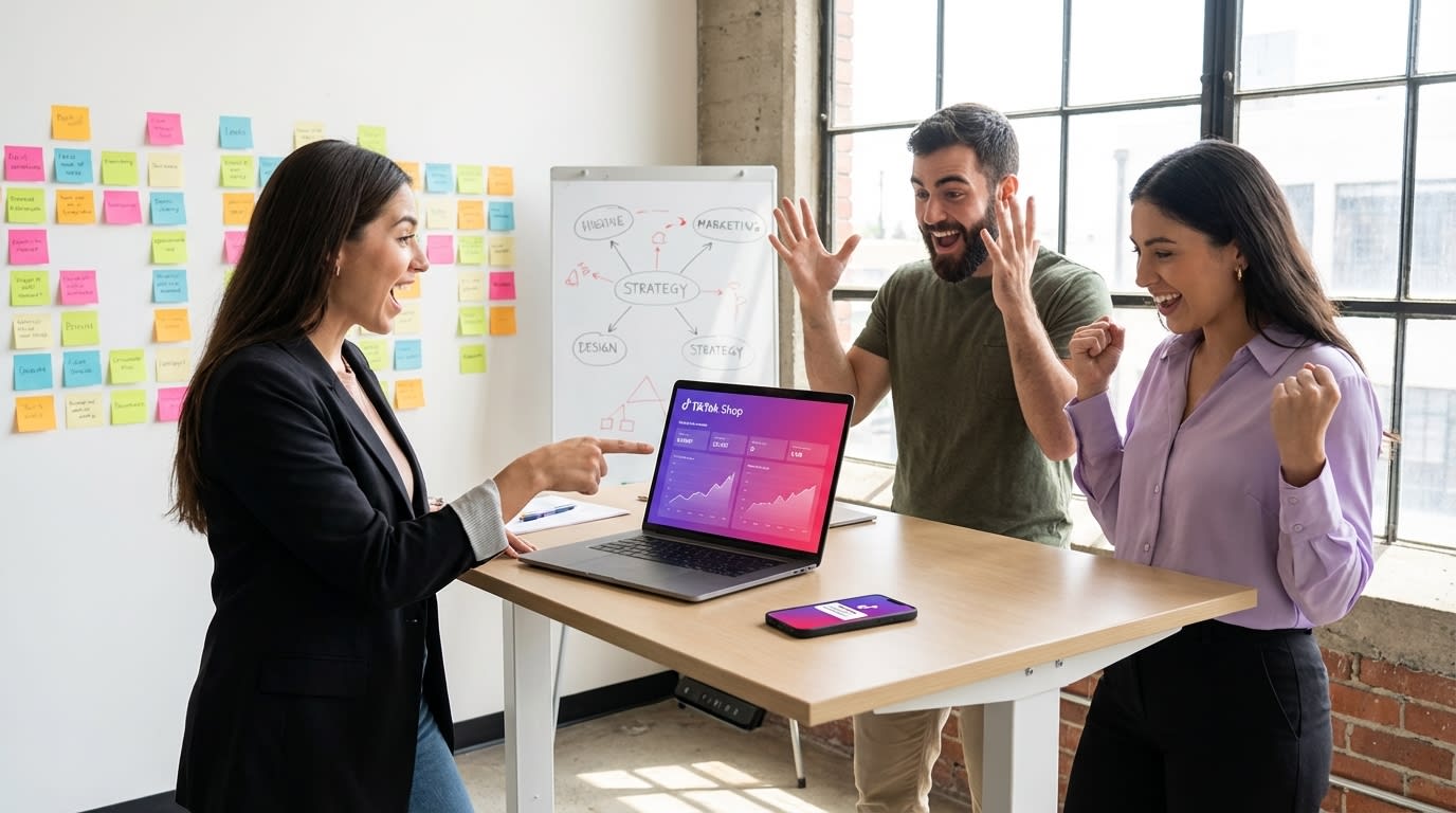 Marketing team collaborating on TikTok Shop creator outreach strategy using the SPEC framework with analytics dashboard showing rising reply rates