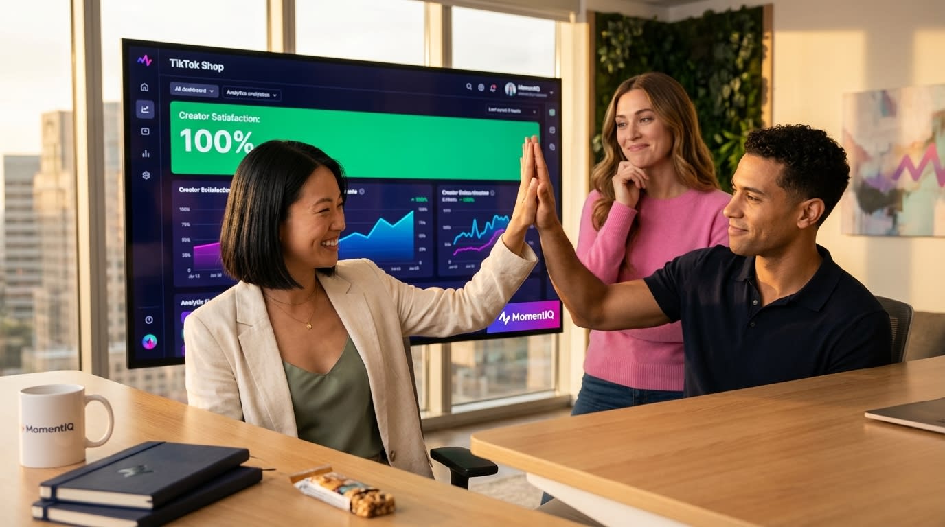 Team celebrating high TikTok Shop creator satisfaction scores on an analytics dashboard
