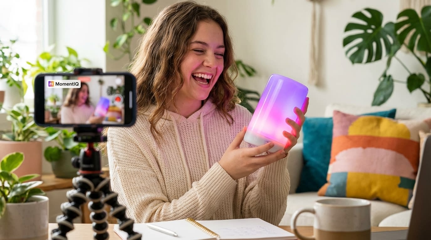 TikTok Shop creator filming an authentic product testimonial video with ring light and positive product reviews visible