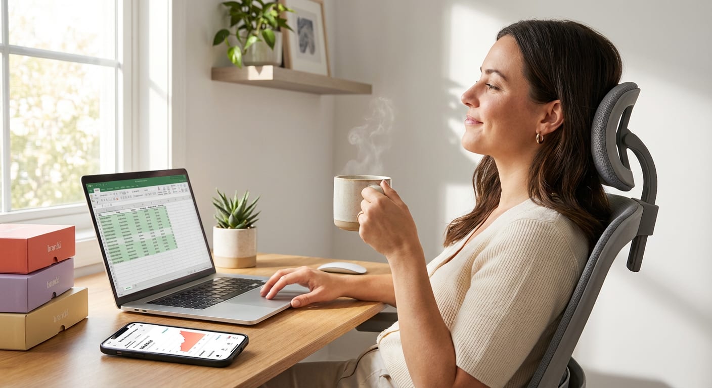 Confident TikTok Shop brand owner reviewing incremental GMV bonus budget calculations with healthy profit margins on her laptop