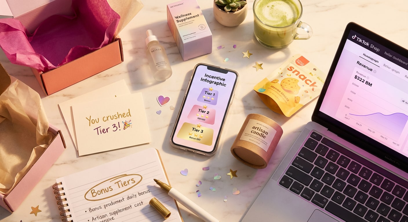 Flat lay of TikTok Shop performance bonus program planning with tiered incentive charts, product samples, and branded packaging on a bright desk