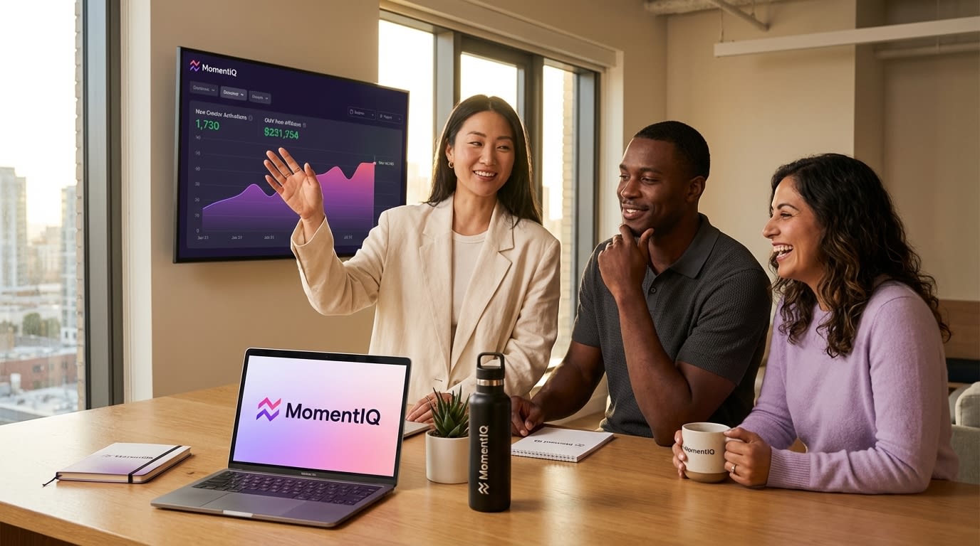 Aspirational shot of a diverse team collaborating on TikTok Shop growth strategies in a modern, sunlit office with a city skyline view.
