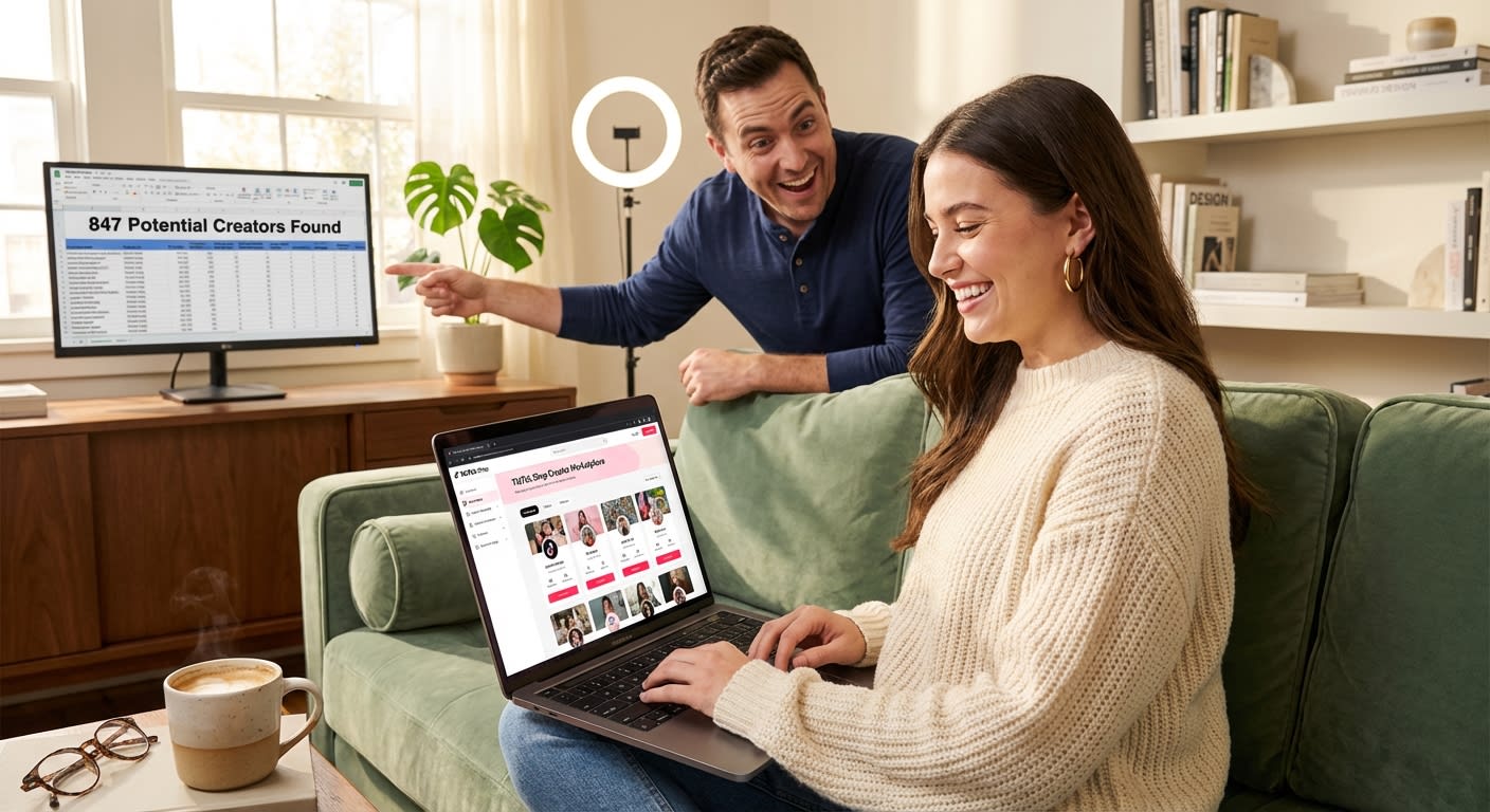 Brand team excitedly discovering hundreds of potential TikTok Shop creators through the Creator Marketplace on laptop