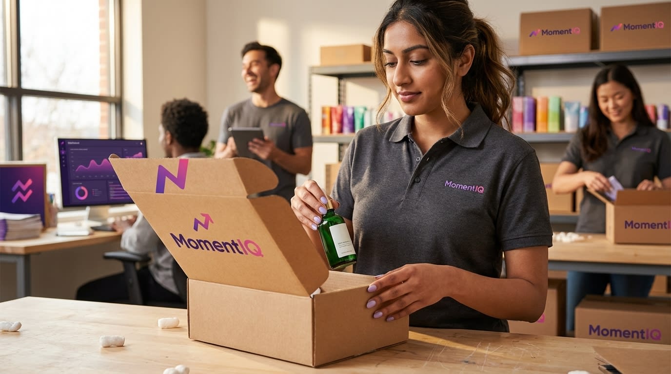 Cheerful MomentIQ fulfillment team member packing a TikTok Shop order in a vibrant, organized warehouse, showcasing efficient operations.
