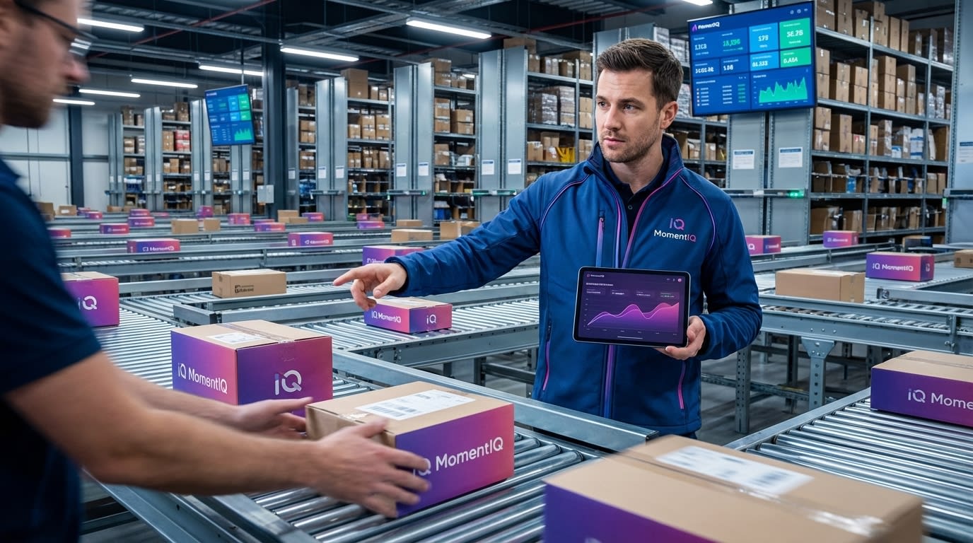 Cinematic shot of a smiling worker giving a thumbs-up in a modern fulfillment center, with automated conveyor belts moving numerous branded TikTok Shop packages.