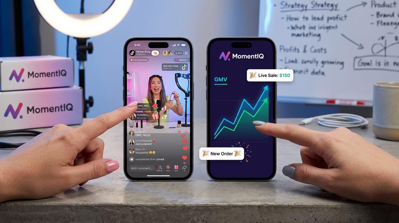Close-up of a smartphone showing an energetic TikTok Shop live stream with active sales and a seller dashboard displaying real-time GMV growth and live sales notifications.