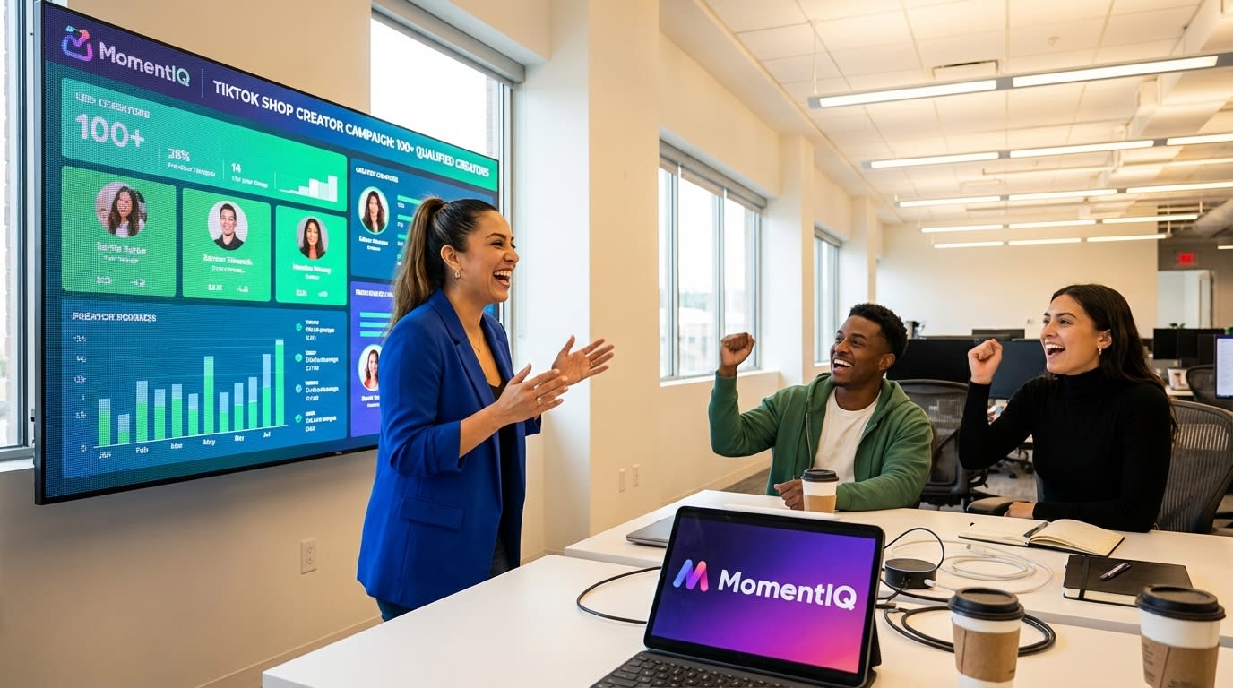 Confident product manager presenting a successful TikTok Shop affiliate campaign report highlighting highTikTok Shop brand team celebrating creator recruitment funnel success in front of analytics dashboard showing GMV growth -VSR creators and conversion histories to an engaged team.
