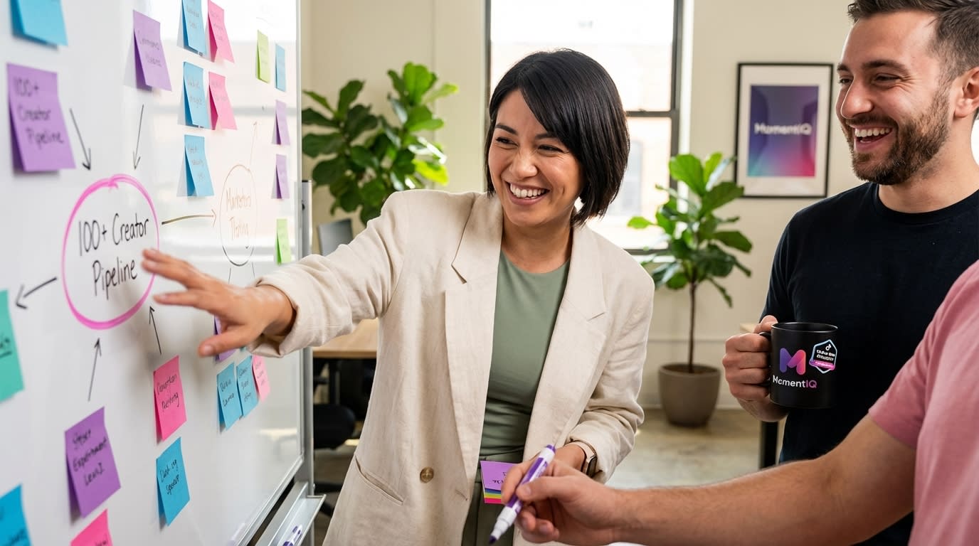 Diverse marketing team collaboratively outlining 'TikTok Shop Growth Strategies' on a whiteboard, focusing on a '100+ Creator Pipeline' with enthusiasm.