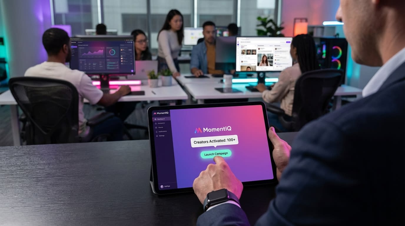 Dynamic action shot of a hand tapping 'Launch Campaign' on a TikTok Shop affiliate dashboard, showing 'Campaign Live!' notifications.