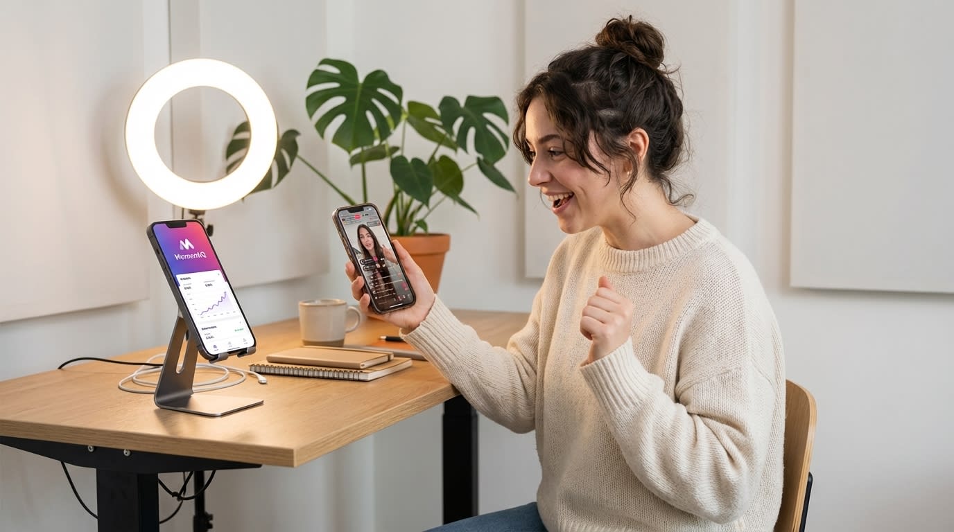 Energetic TikTok creator proudly displaying her live TikTok Shop stream with rapid sales and a creator analytics dashboard showing high video shopping rates and conversion history.