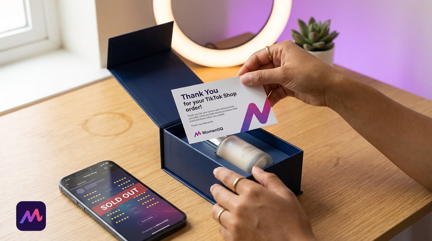 Flat lay of a smartphone showing a 'Sold Out' TikTok Shop product listing with 5-star reviews, next to a beautifully packaged product ready for shipping.