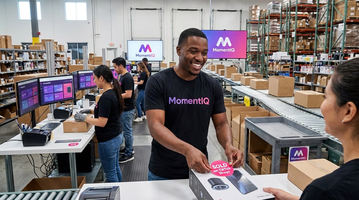 Joyful fulfillment team placing 'SOLD on TikTok Shop!' stickers on packages in a bustling, brightly lit warehouse, demonstrating high-volume success.