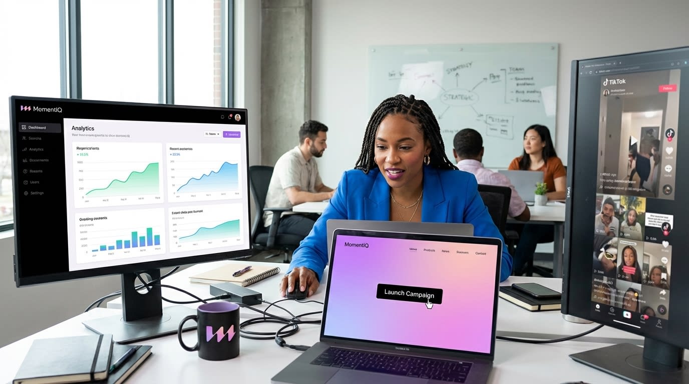 Smiling small business owner ready to launch a new TikTok Shop affiliate campaign on her laptop, surrounded by product prototypes.