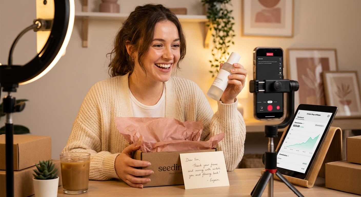 TikTok creator excitedly unboxing branded product seeding package in ring-lit studio with TikTok Shop affiliate dashboard visible