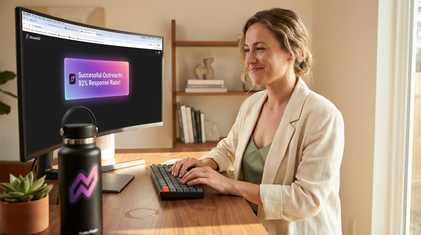 Virtual assistant efficiently managing TikTok Shop creator outreach using automation tools on a widescreen monitor, showing successful outreach notifications.