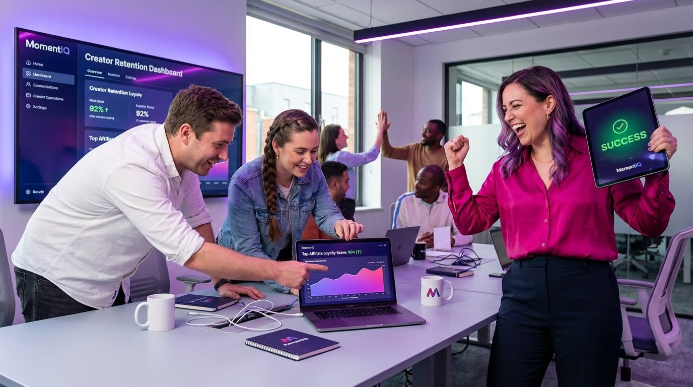 Aspirational shot of a sophisticated TikTok Shop creator operations hub with a team managing a large creator portfolio