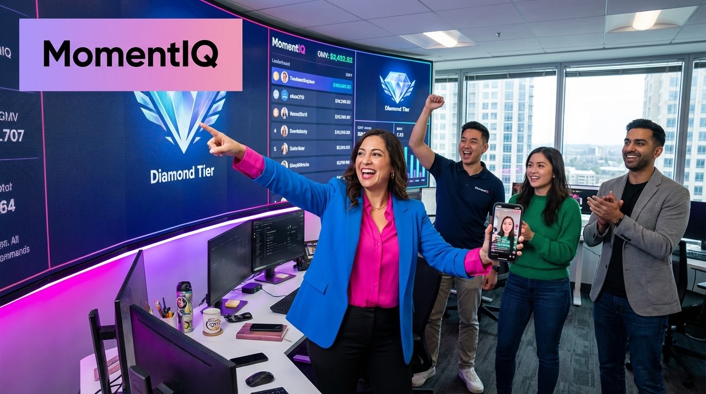 Aspirational TikTok Shop brand war room with team reviewing creator retention leaderboards and tiered commission dashboards on large screens