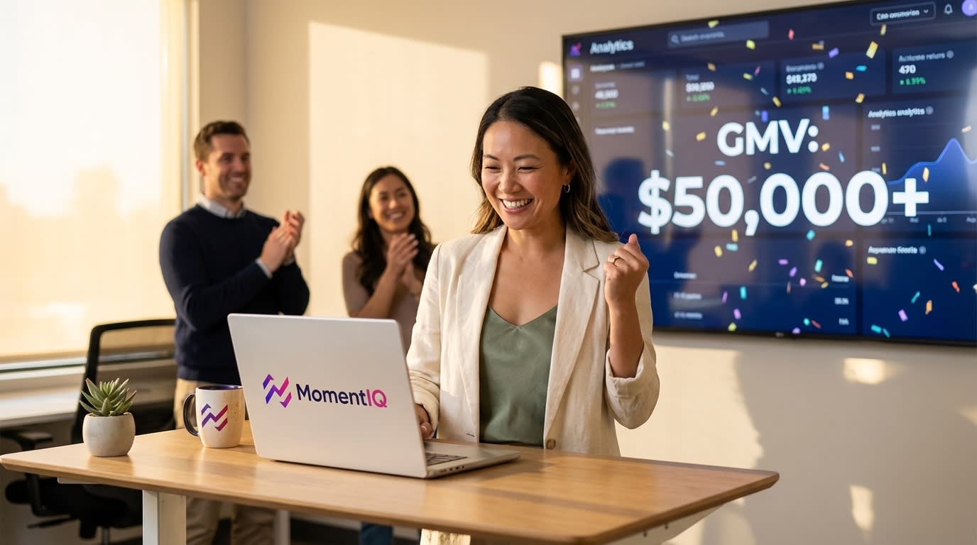 Brand founder celebrating over $50,000 GMV on TikTok Shop analytics dashboard with cheering team