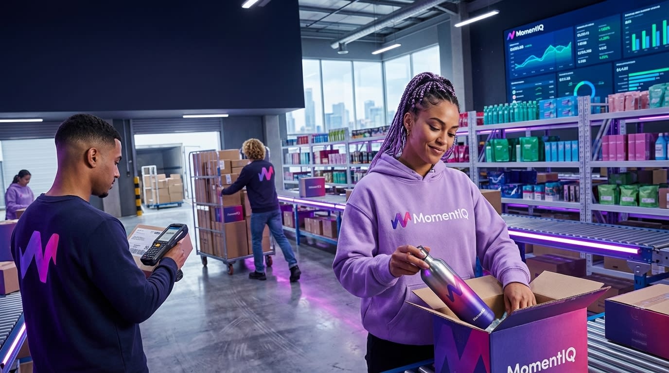 Efficient fulfillment center for a thriving TikTok Shop, with organized inventory and happy workers