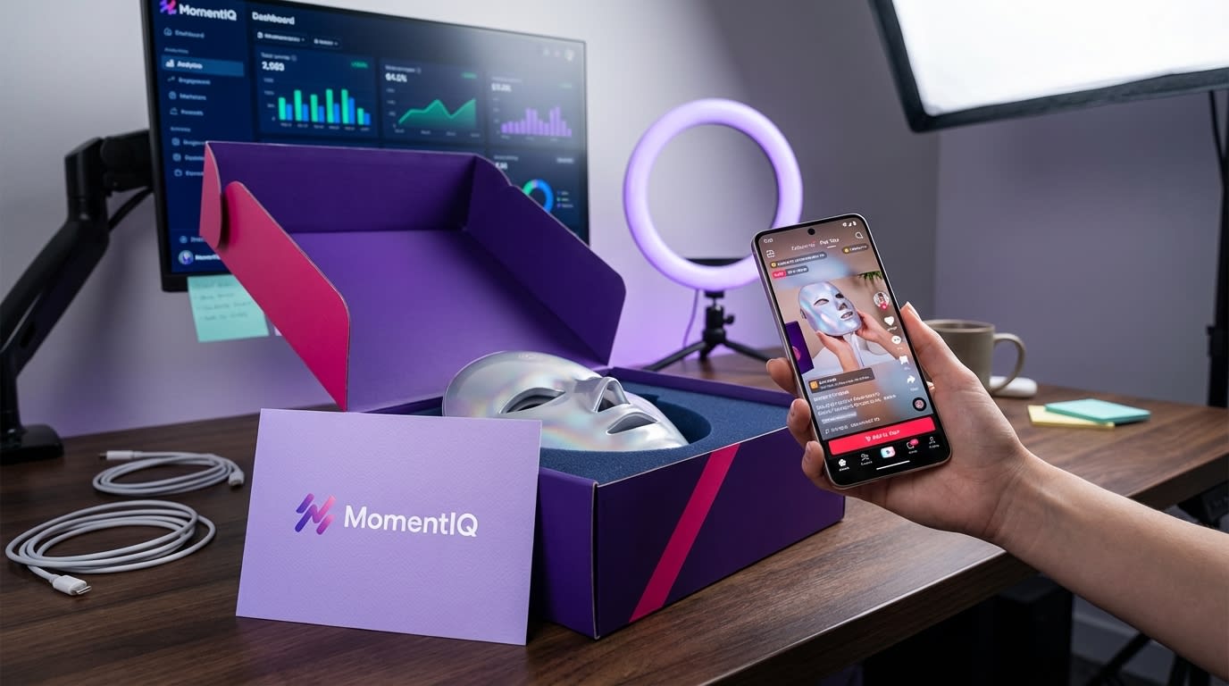 Flat lay of a TikTok Shop product seeding package, premium product, and phone showing positive reviews