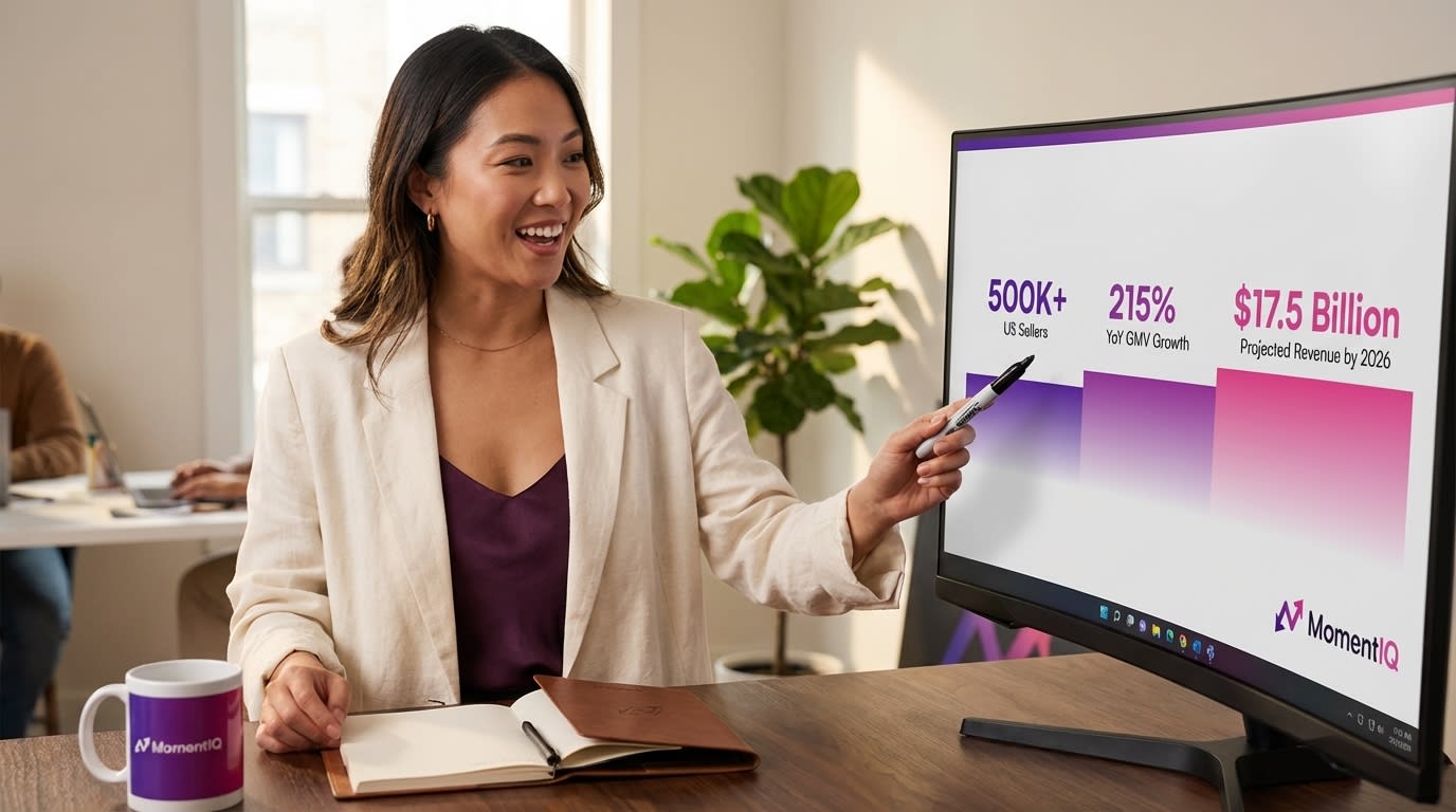 Brand manager confidently presenting TikTok Shop market statistics and growth projections on a large screen.