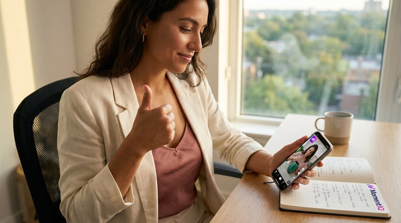 Brand manager giving a confident thumbs-up to an on-brand TikTok Shop creator video draft on her phone.