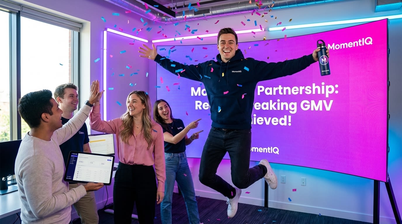 Diverse team celebrating record TikTok Shop GMV with MomentIQ partnership, confetti falling in a modern office.