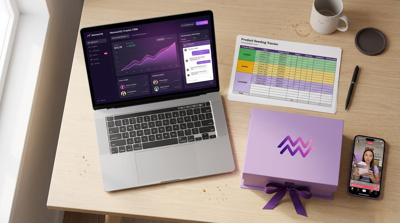 Flat lay of a streamlined TikTok Shop creator management system with CRM, seeding spreadsheet, and branded gift box.