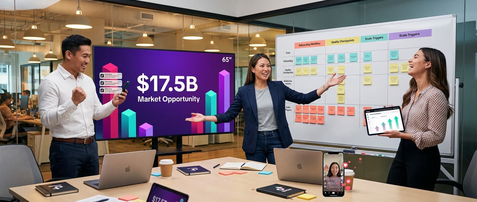 Marketing team reviewing TikTok Shop market growth analytics and creator scaling strategy in a modern war room