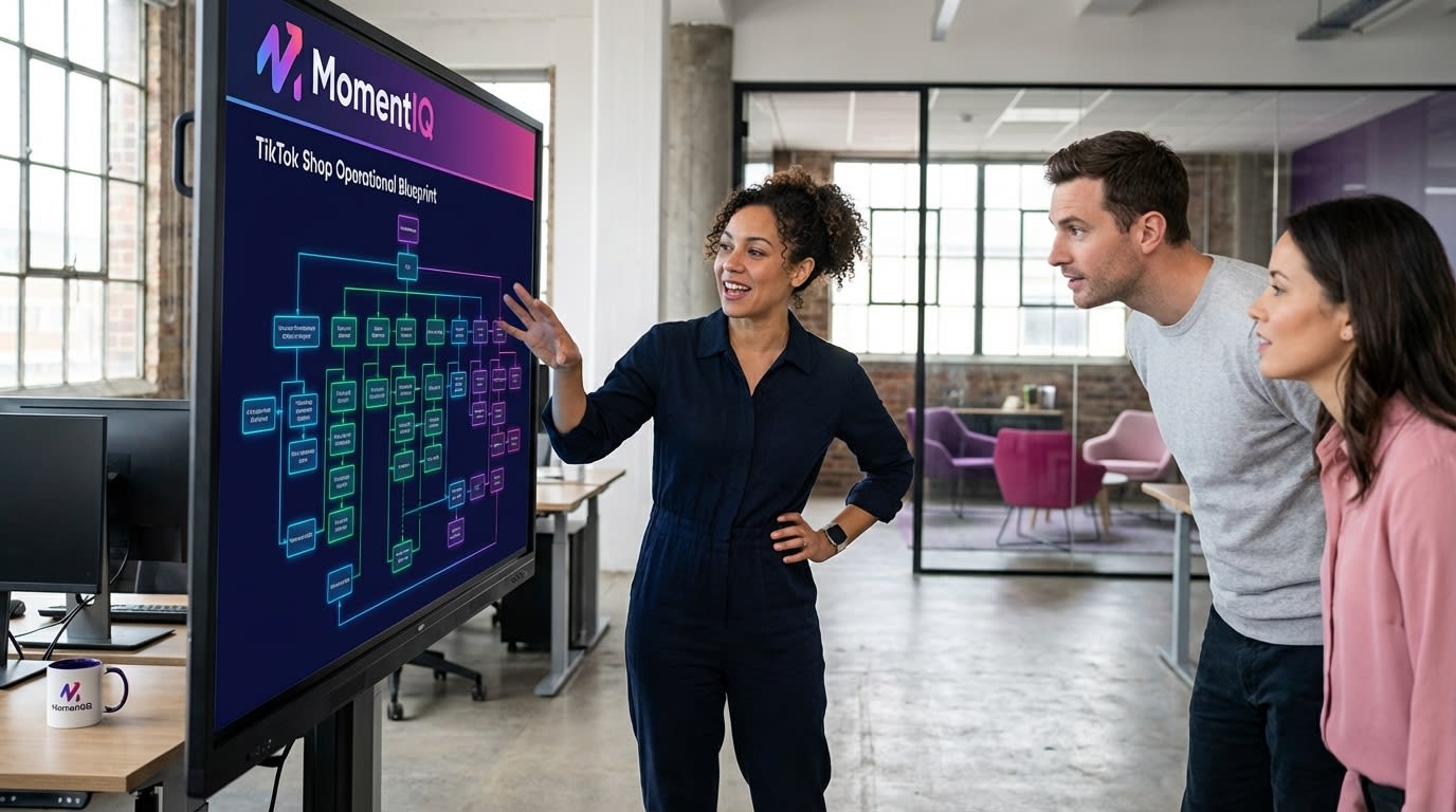 Modern desk with laptop showing a 'TikTok Shop Operational Blueprint' flowchart, hand adding a confident checkmark.