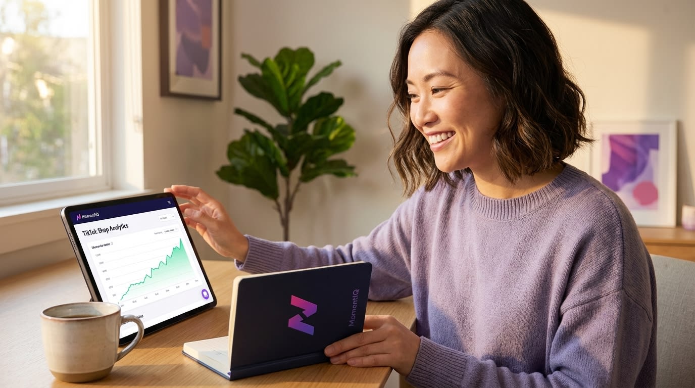 MomentIQ team member smiling, expertly navigating TikTok Shop analytics interface on a tablet.
