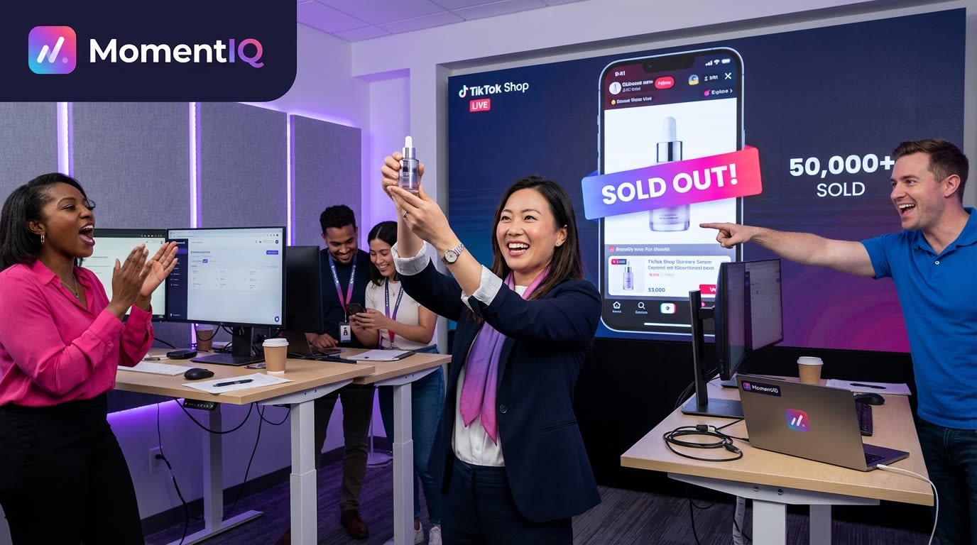 Confident beauty brand founder celebrating successful TikTok Shop live stream with glowing reviews