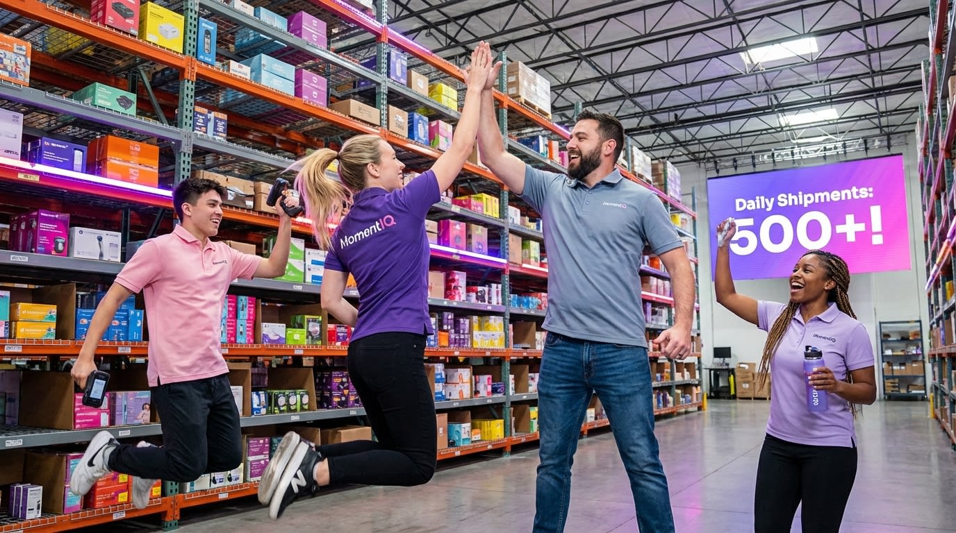 Cheerful warehouse team celebrating 500+ daily TikTok Shop shipments