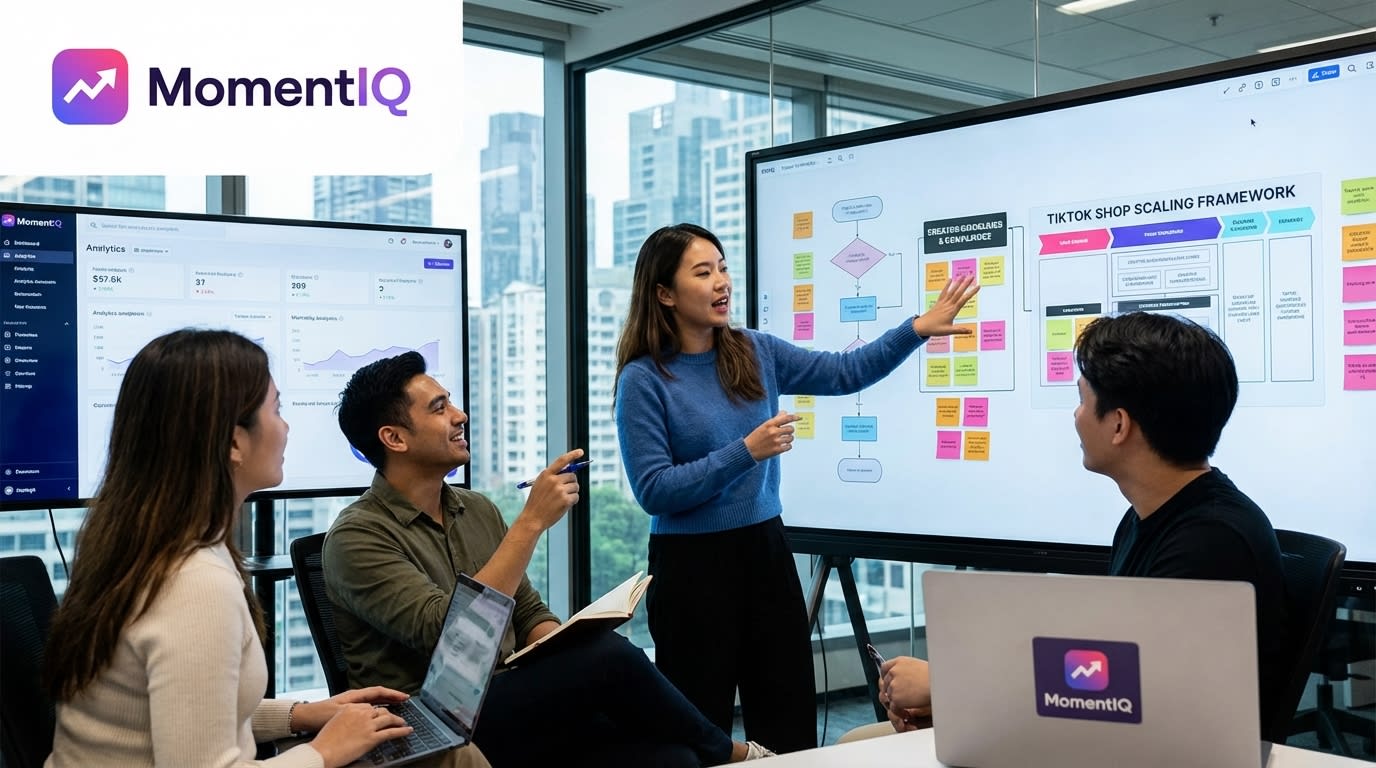 Diverse team brainstorming TikTok Shop content ideas in a modern office