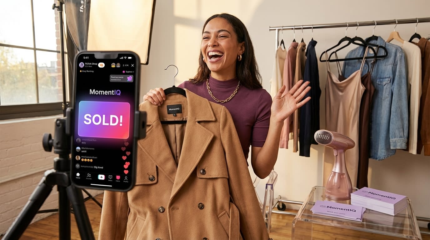 Energetic TikTok Shop live shopping host presenting a popular product