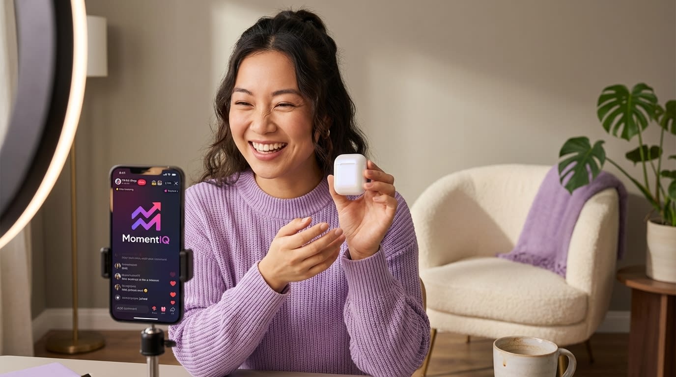 Energetic TikTok Shop live shopping host presenting a popular product