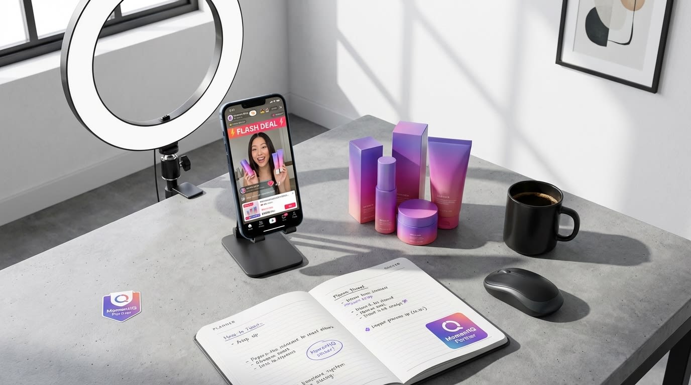 Organized creator studio flat lay with TikTok Shop product listing and beauty products