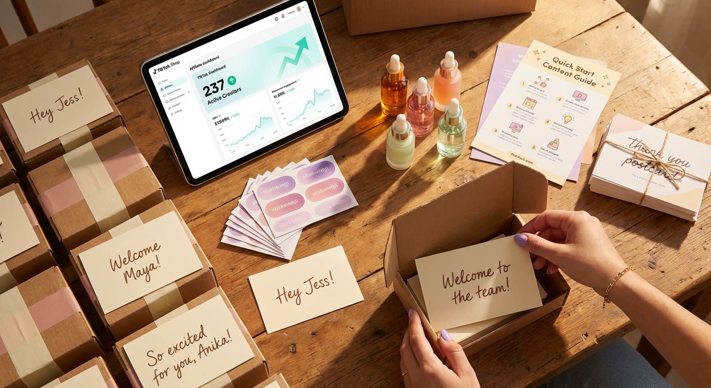 Organized TikTok Shop product seeding flat lay with branded packaging creator welcome cards and affiliate dashboard showing 200 plus active creators