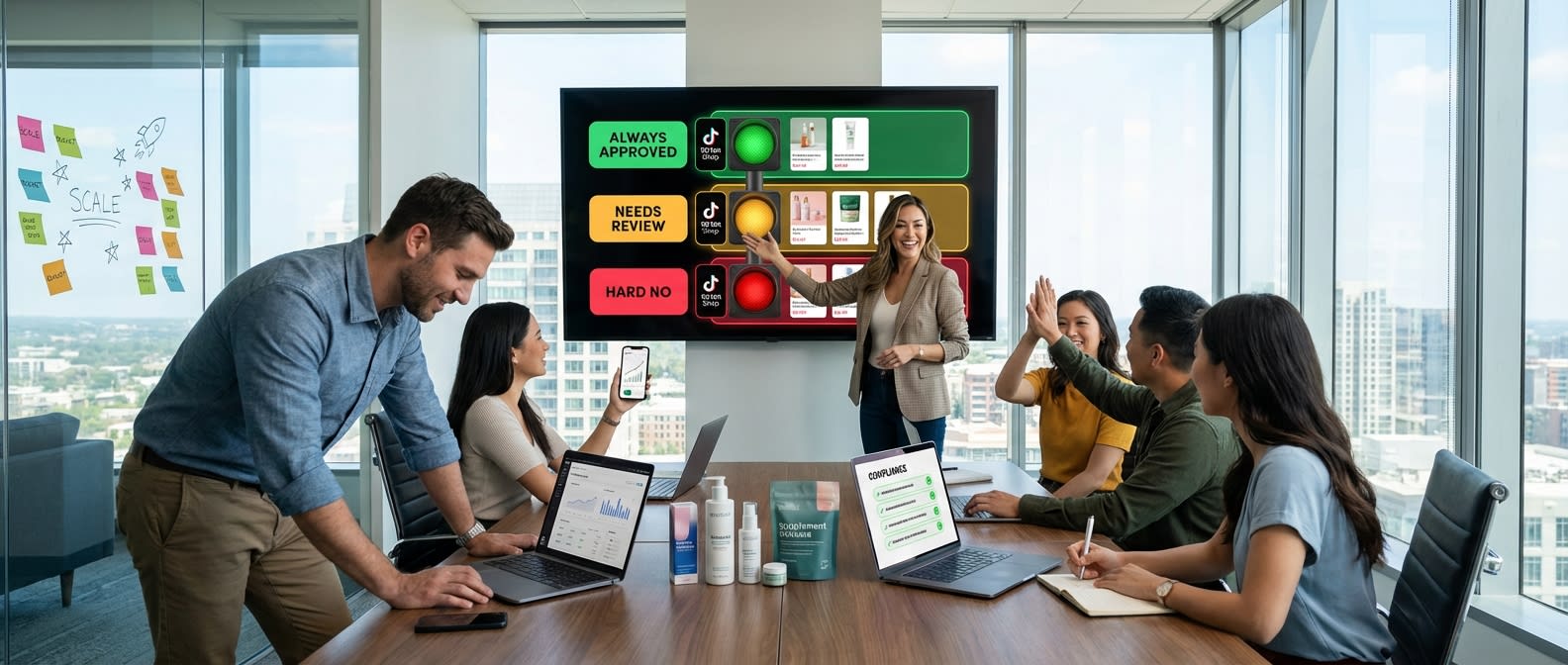 TikTok Shop agency team reviewing three-tier UGC content guidelines framework on large screen in modern war room with confident brand director presenting
