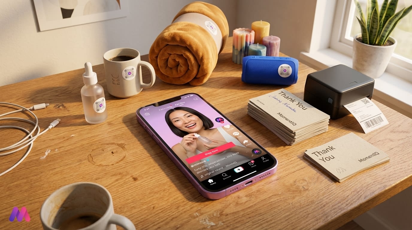 Vibrant flat lay of popular TikTok Shop products with QR codes and shipping supplies