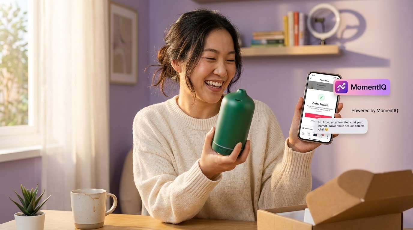Delighted customer holding an unboxed product, viewing a successful TikTok Shop purchase and automated chat on her phone.
